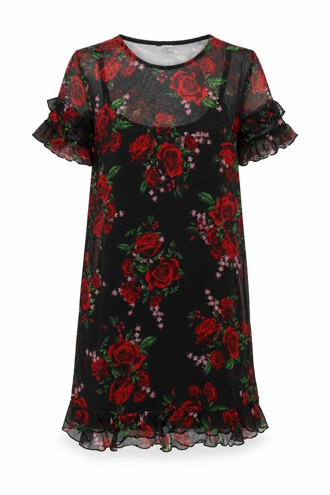 Front view of Divided by H&M women’s black floral polyester sheath, size UK 4, boat neck pullover - rose print