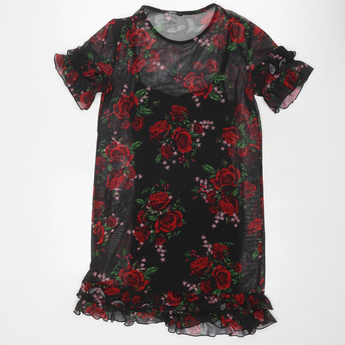 Divided by H&M Womens Black Floral Polyester Sheath Size 4 Boat Neck Pullover - Rose Print