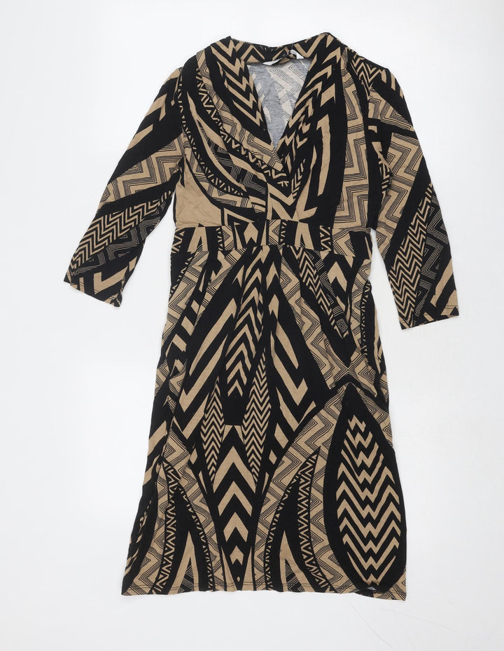 Debenhams Womens Black Geometric Viscose Sheath Size 10 V-Neck Pullover