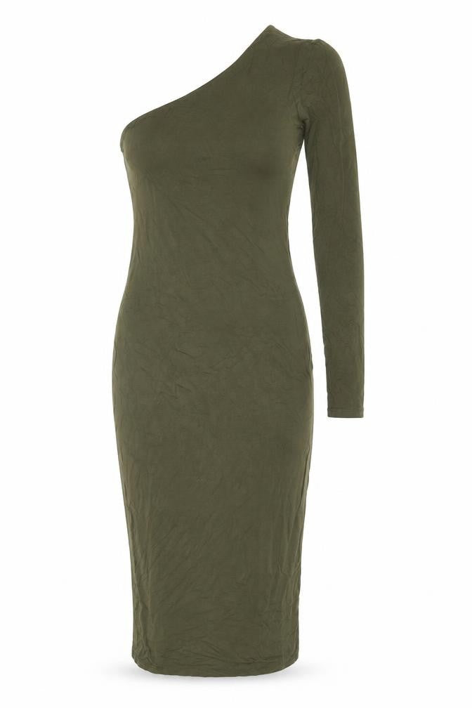 Front view of Bear Dance women’s green viscose bodycon, size S, one shoulder pullover