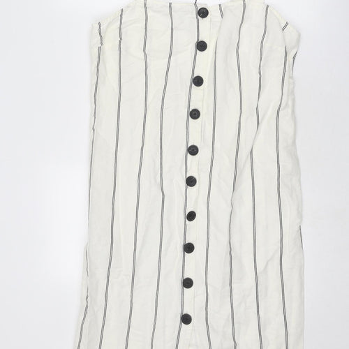 Great Plains London Womens Ivory Striped Linen Tank Dress Size 14 Square Neck Button
