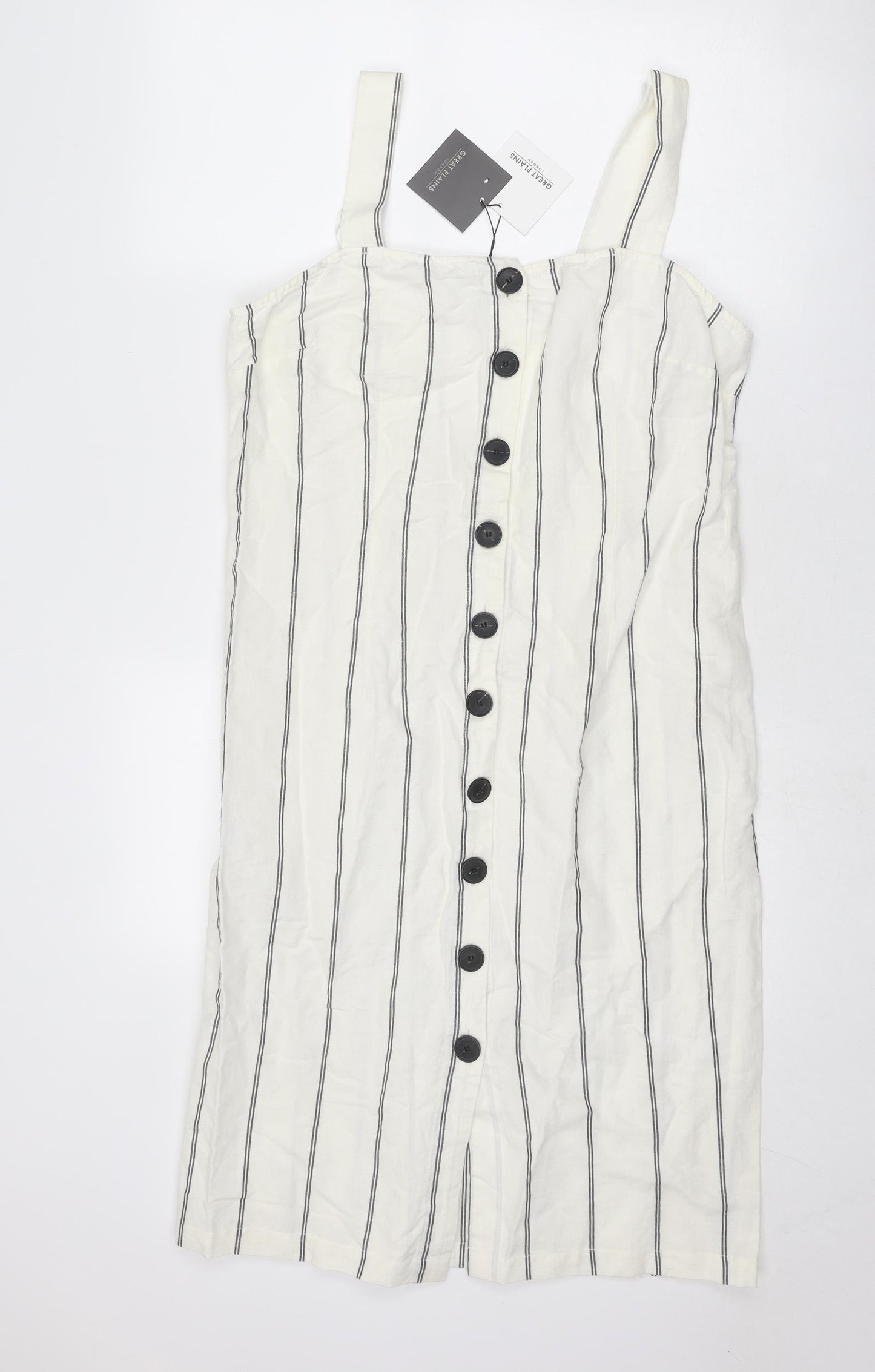 Great Plains London Womens Ivory Striped Linen Tank Dress Size 14 Square Neck Button