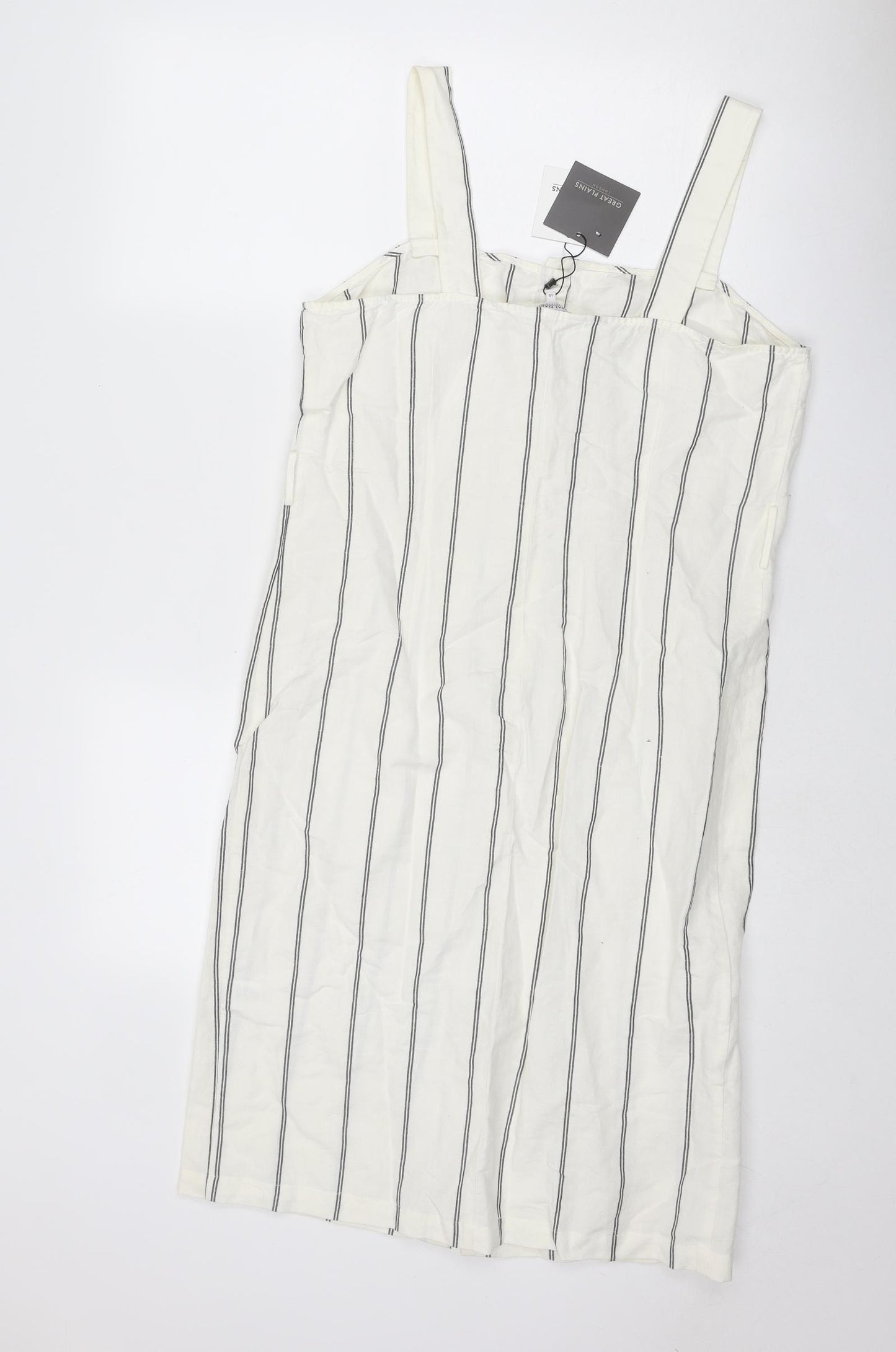 Great Plains London Womens Ivory Striped Linen Tank Dress Size 14 Square Neck Button