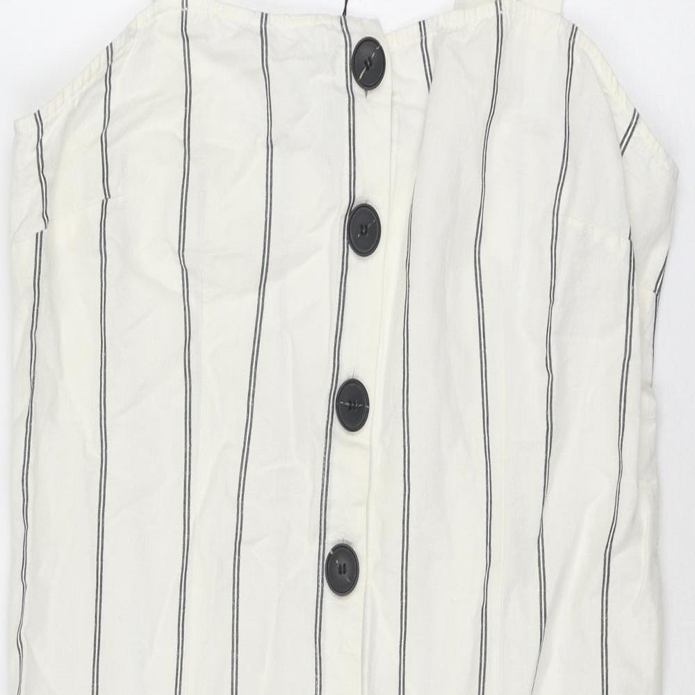Great Plains London Womens Ivory Striped Linen Tank Dress Size 14 Square Neck Button