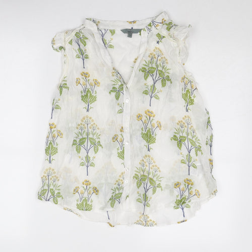 NEXT Womens White Floral Viscose Basic Button-Up Size 16 V-Neck