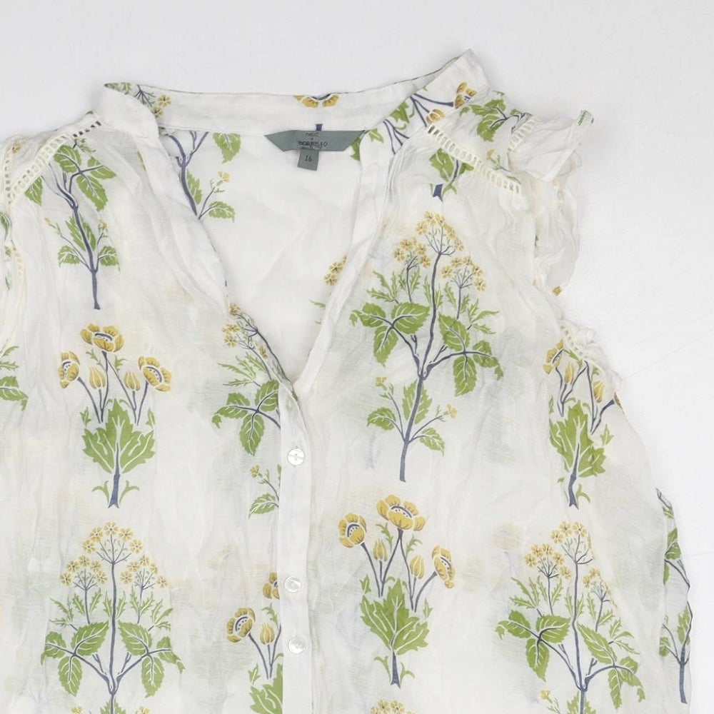 NEXT Womens White Floral Viscose Basic Button-Up Size 16 V-Neck