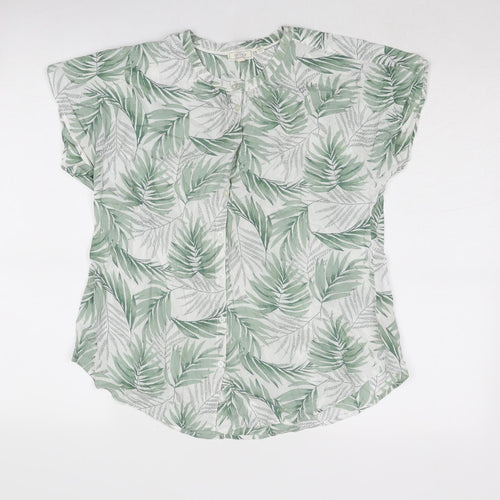 Fat Face Womens Green Geometric Viscose Basic Button-Up Size 8 Round Neck - Leaf Print