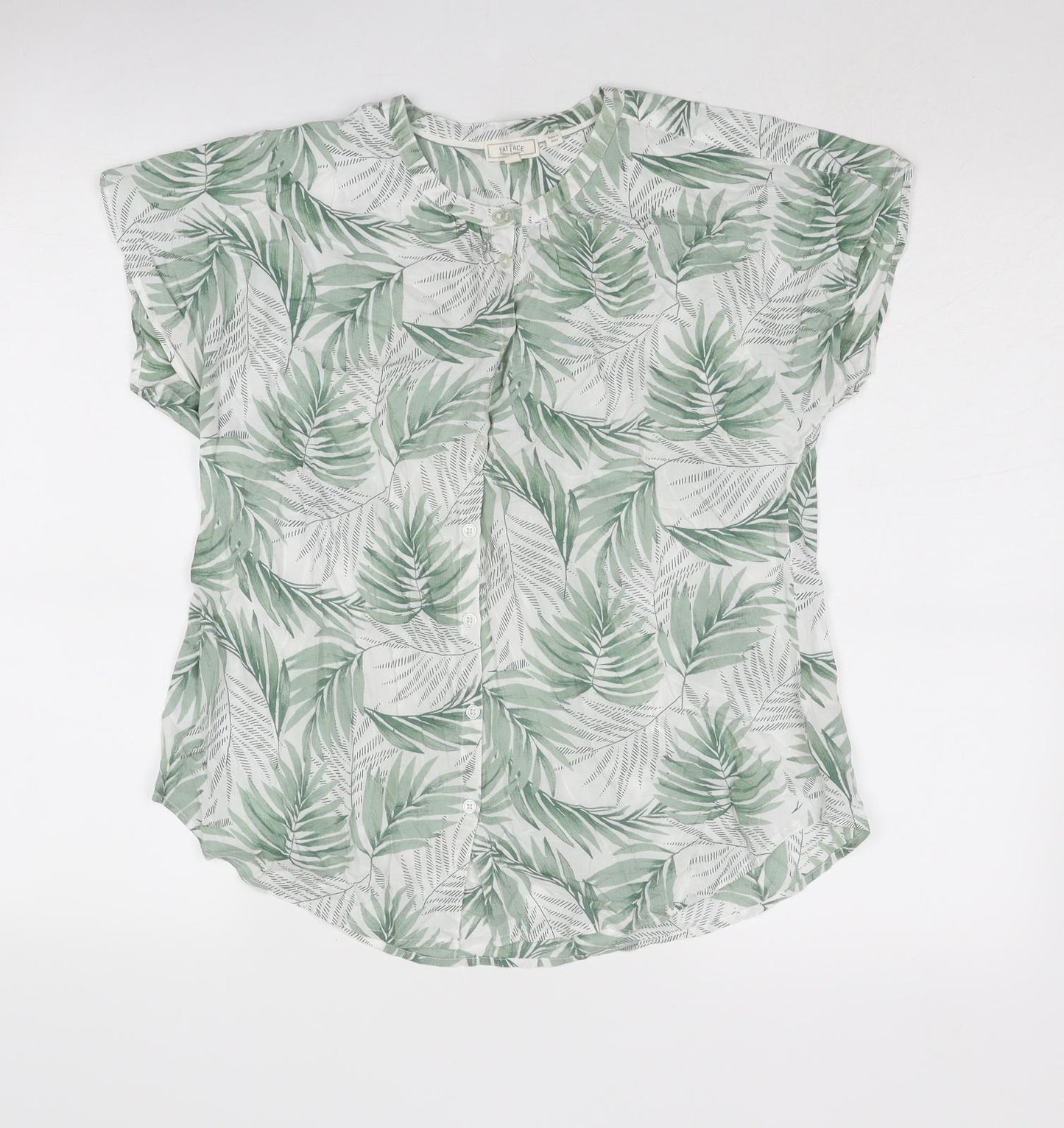 Fat Face Womens Green Geometric Viscose Basic Button-Up Size 8 Round Neck - Leaf Print