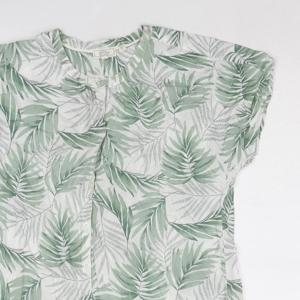 Fat Face Womens Green Geometric Viscose Basic Button-Up Size 8 Round Neck - Leaf Print
