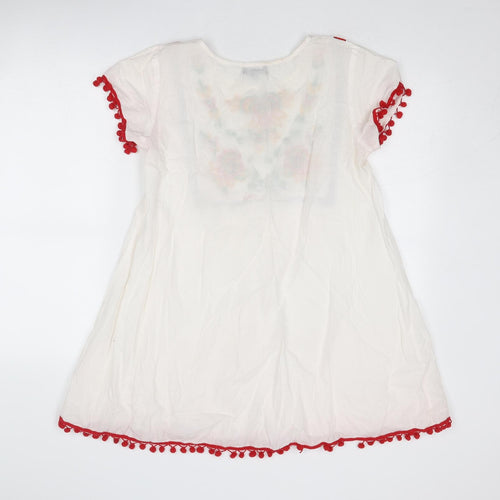 PRETTYLITTLETHING Womens White Floral Cotton A-Line Size 6 Boat Neck Pullover - Pom Pom Trim