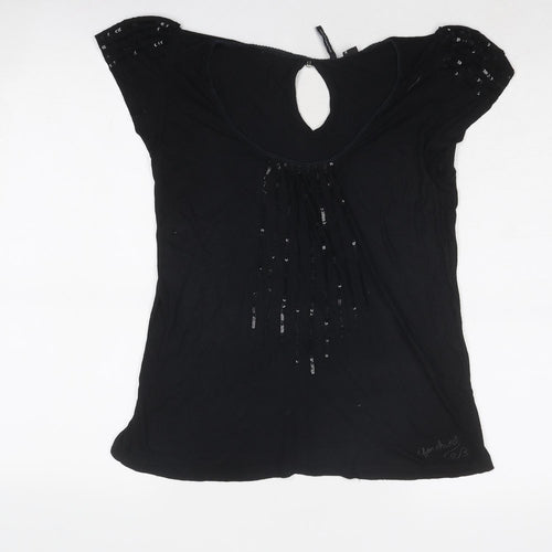 Fenchurch Womens Black Viscose Basic T-Shirt Size S Scoop Neck