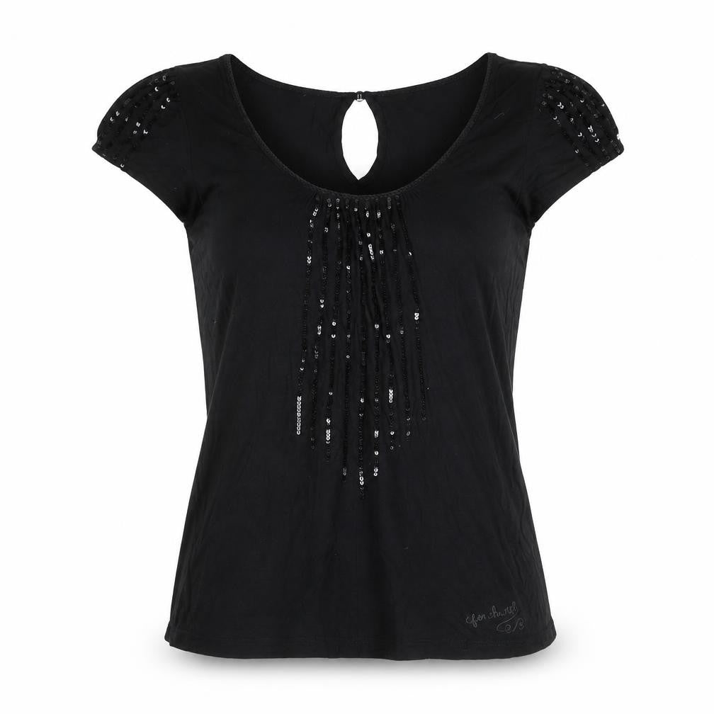 Front view of Fenchurch women’s black viscose basic t-shirt, size S, scoop neck