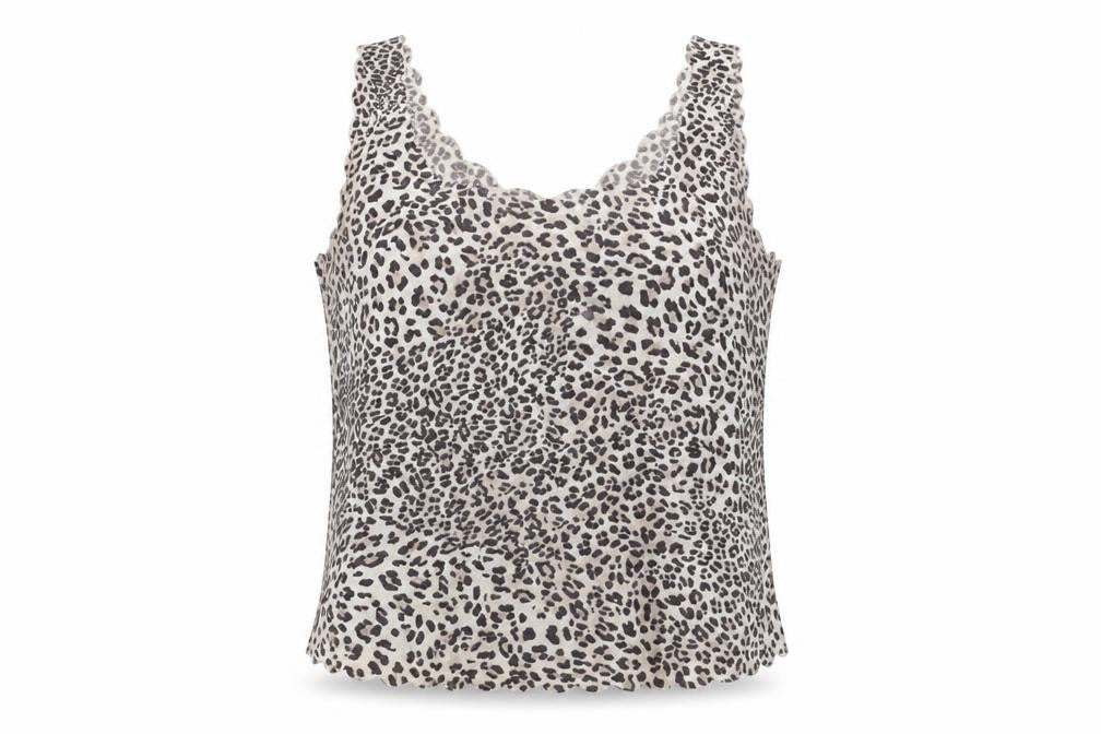 Front view of Internacionale women’s grey animal print polyester basic tank, size UK 10, round neck - leopard pattern