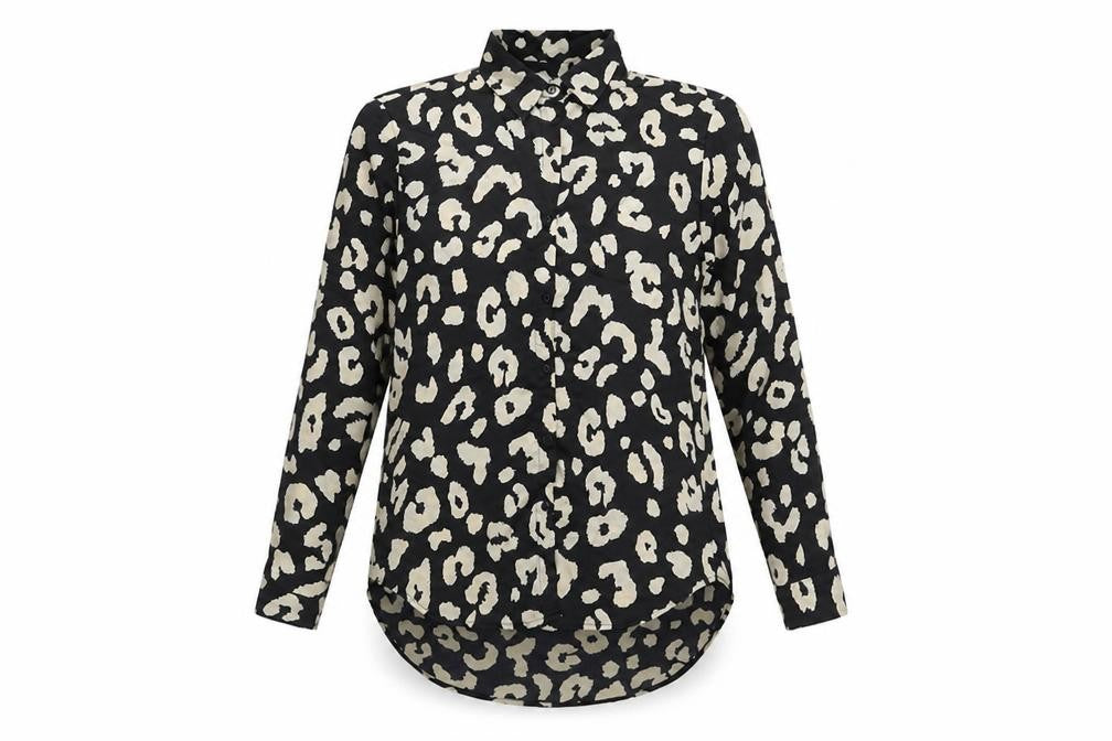 Front view of JS Millennium women’s black animal print polyester basic button-up, size S, collared - leopard pattern