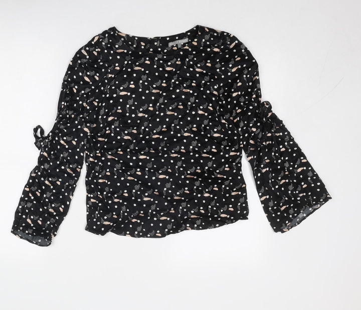 Oliver Bonas Womens Black Geometric Viscose Basic Blouse Size 8 Round Neck