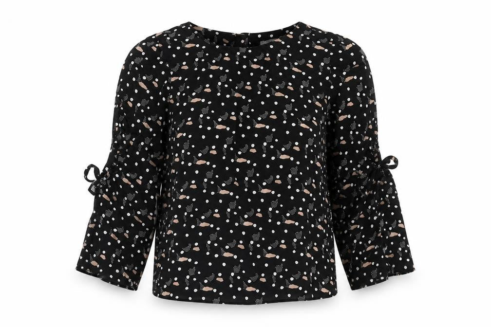 Front view of Oliver Bonas women’s black geometric viscose basic blouse, size UK 8, round neck