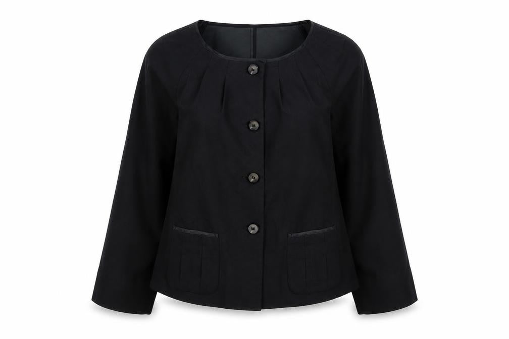Front view of Minuet women’s grey jacket, size UK 10, button