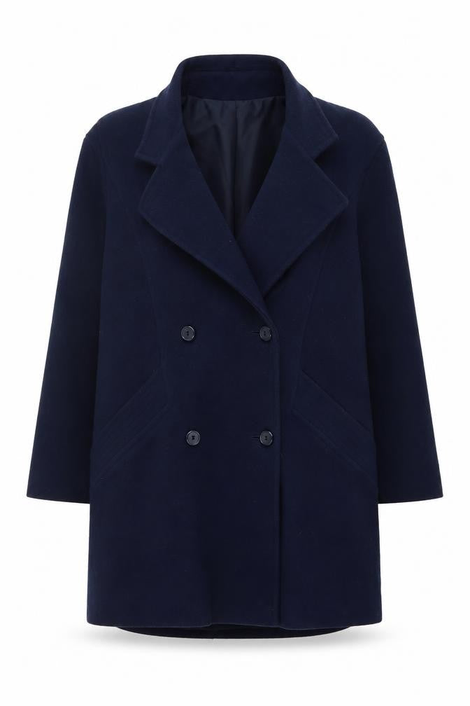 Front view of NuAge women’s blue pea coat coat, size UK 12, button
