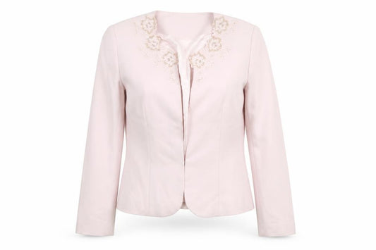 Front view of Medici women’s pink jacket blazer, size UK 10, hook & eye