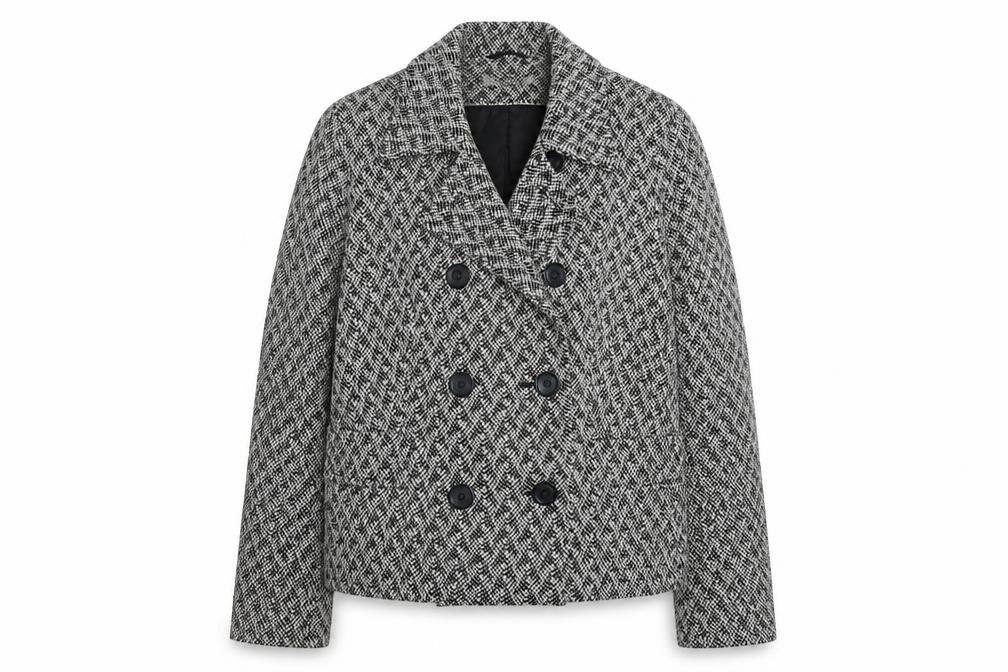 Front view of Marks & Spencer women’s grey geometric jacket blazer, size UK 16, button