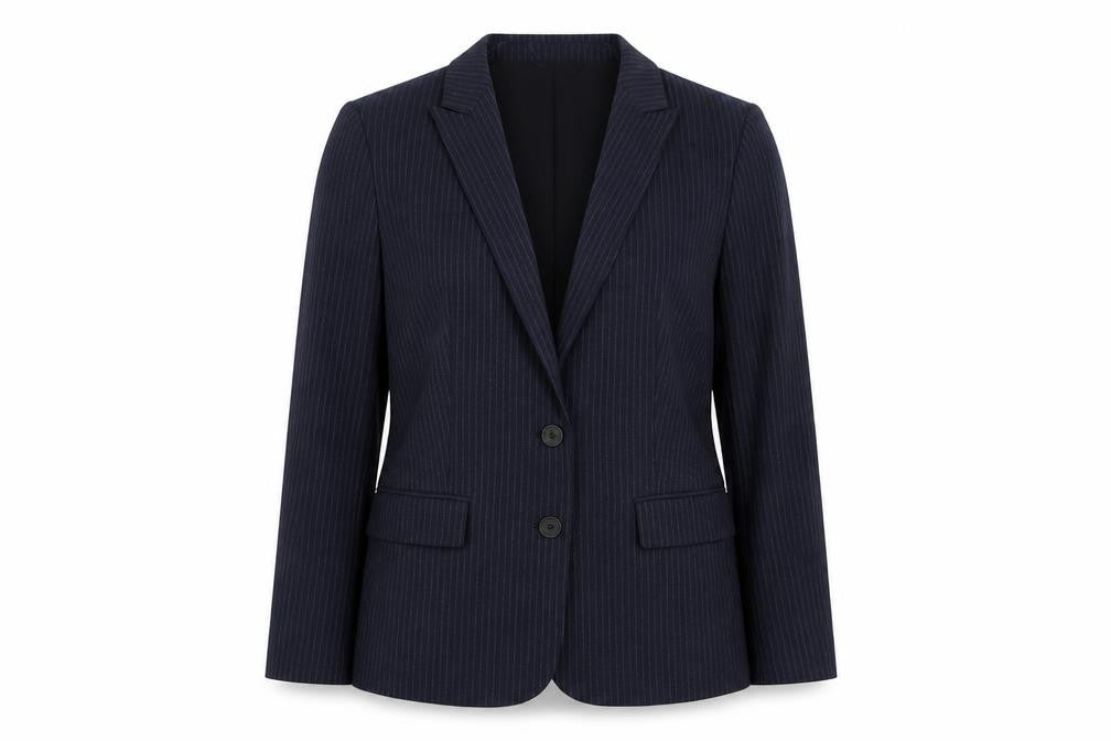 Front view of Marks & Spencer women’s blue striped polyester jacket suit jacket, size UK 8