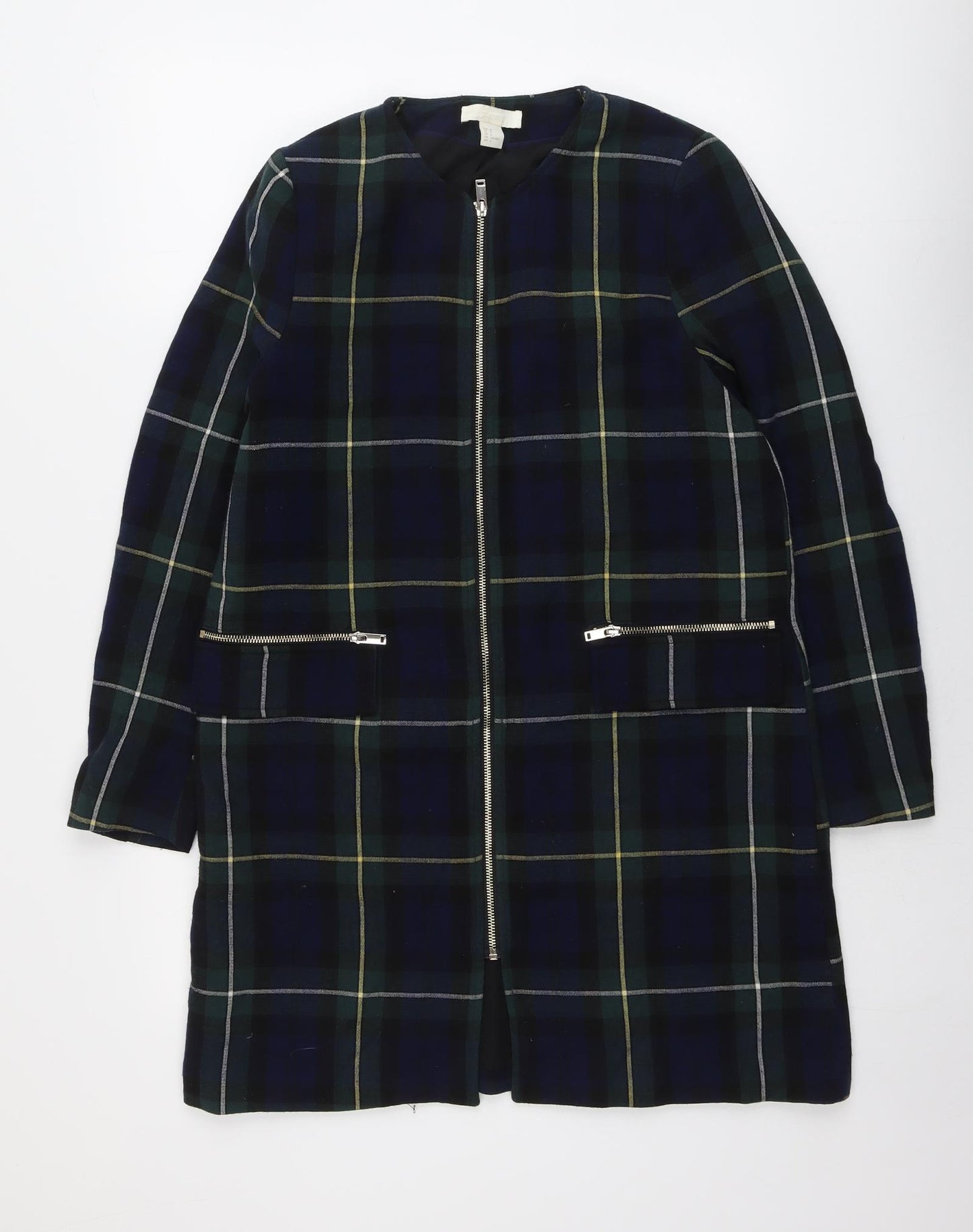 H&M Womens Green Plaid Overcoat Coat Size 10 Zip