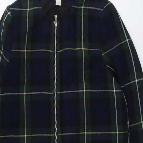 H&M Womens Green Plaid Overcoat Coat Size 10 Zip