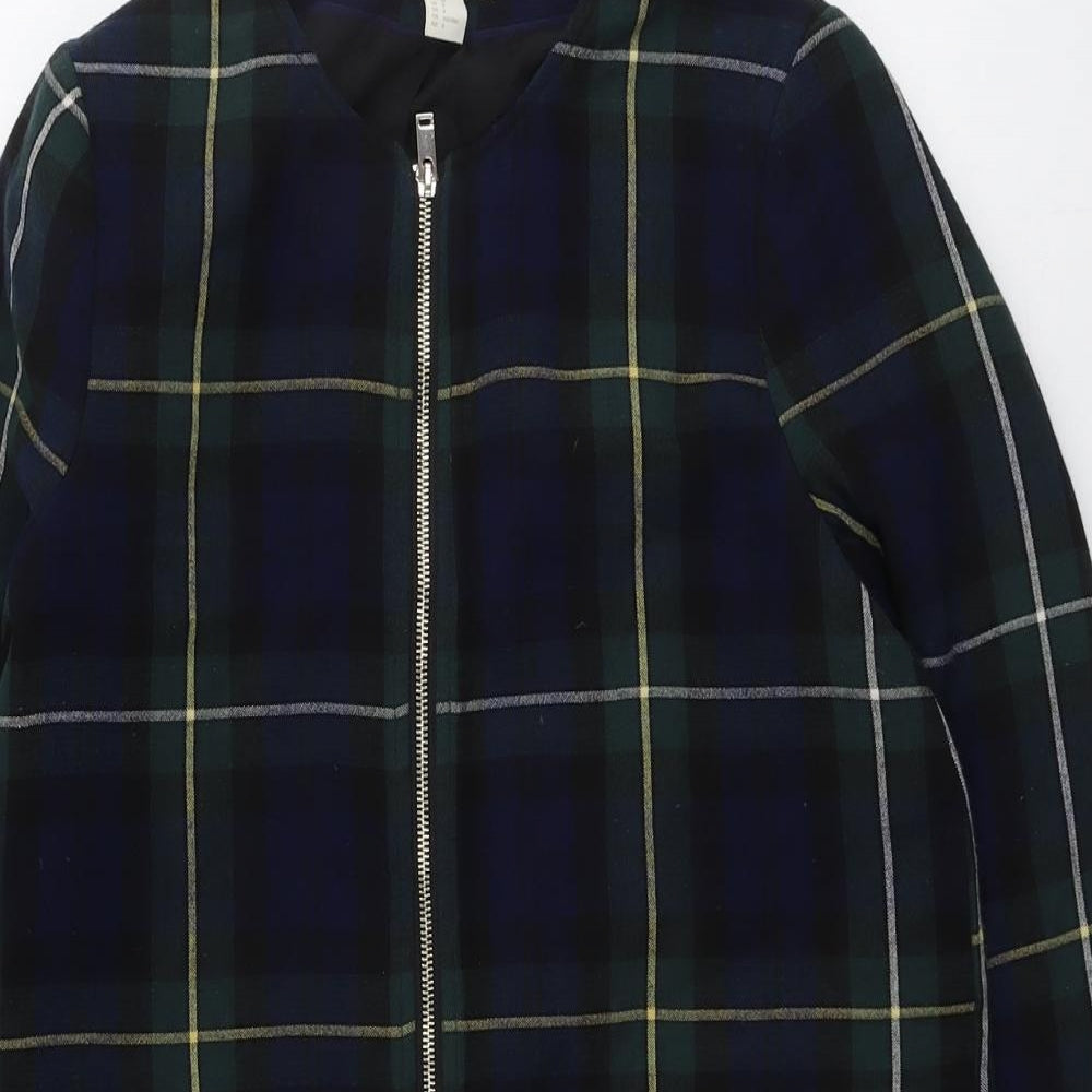 H&M Womens Green Plaid Overcoat Coat Size 10 Zip