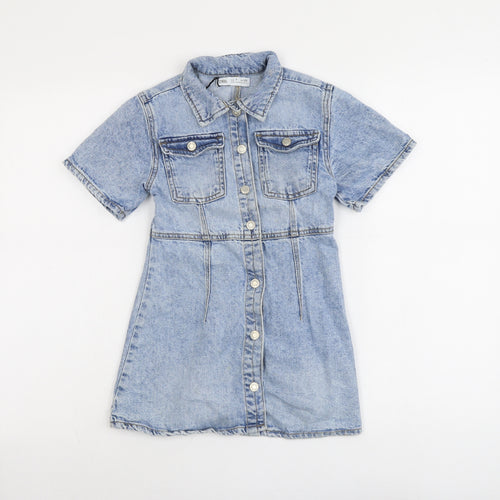 Zara Girls Blue Cotton A-Line Size 7 Years Collared Snap