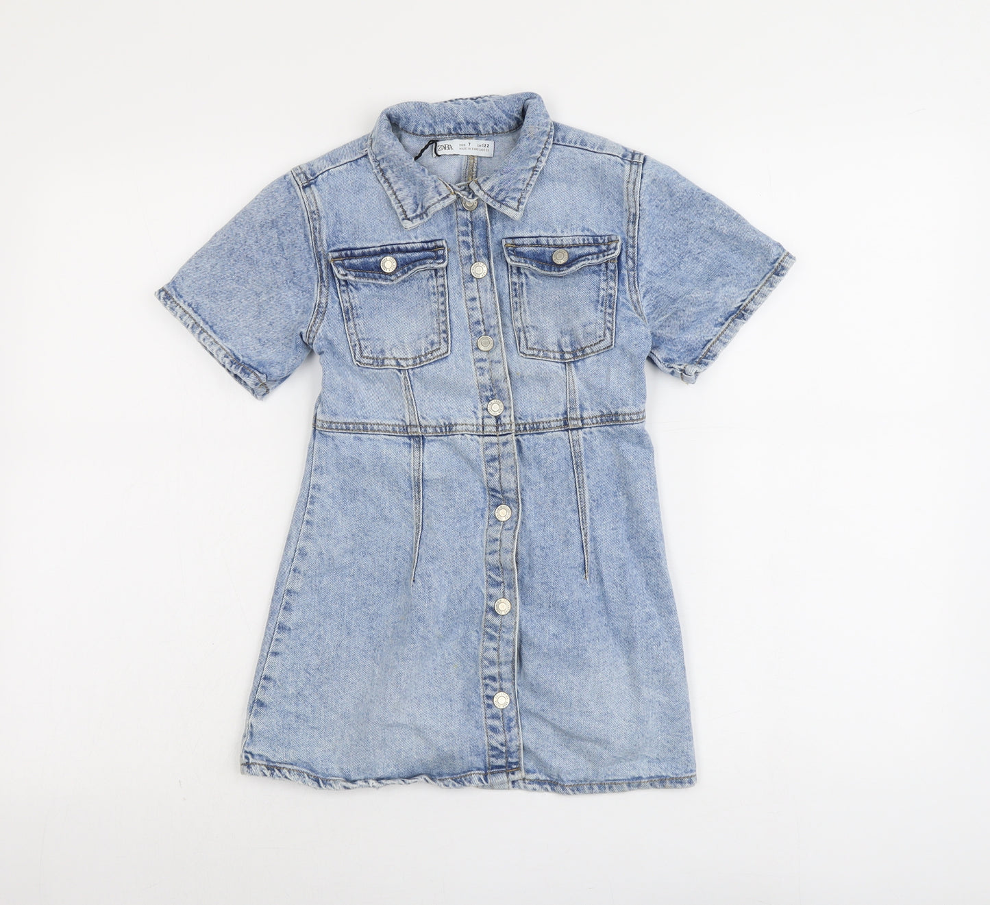 Zara Girls Blue Cotton A-Line Size 7 Years Collared Snap