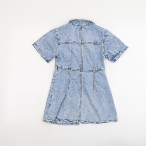 Zara Girls Blue Cotton A-Line Size 7 Years Collared Snap