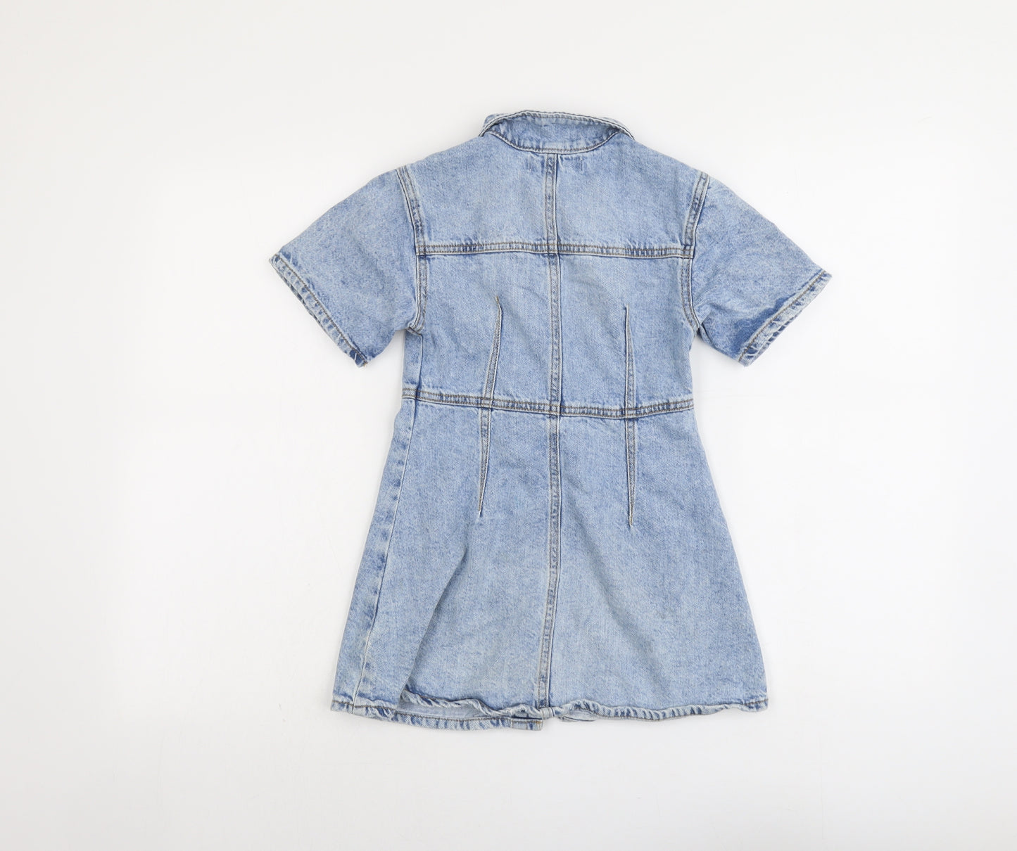 Zara Girls Blue Cotton A-Line Size 7 Years Collared Snap