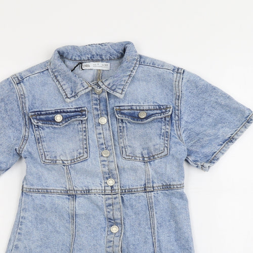Zara Girls Blue Cotton A-Line Size 7 Years Collared Snap