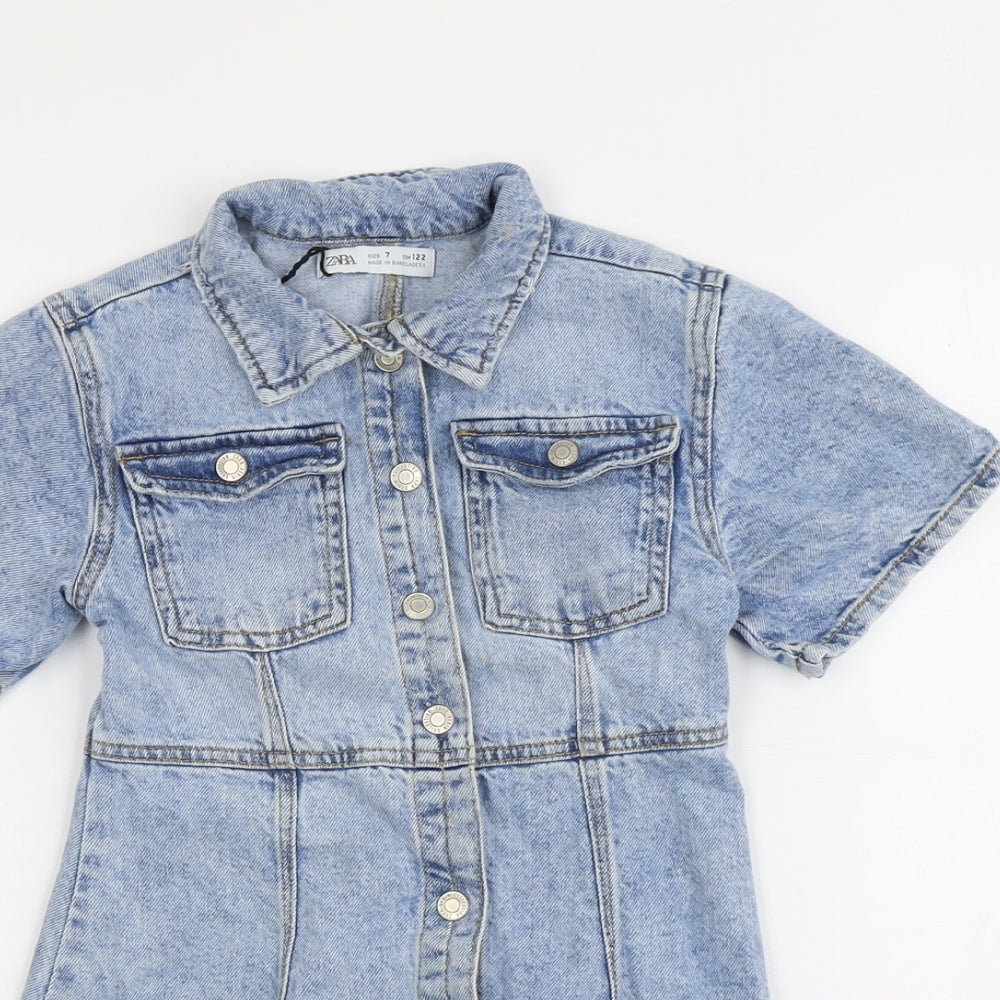 Zara Girls Blue Cotton A-Line Size 7 Years Collared Snap