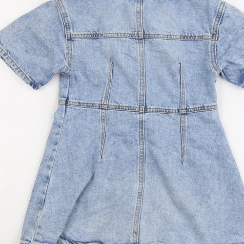 Zara Girls Blue Cotton A-Line Size 7 Years Collared Snap
