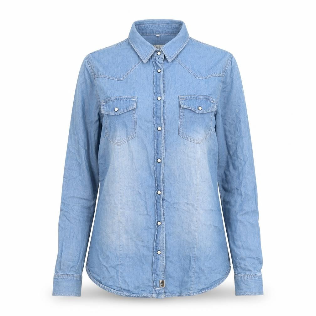 Front view of Clockhouse women’s blue cotton basic button-up, size UK 6, collared