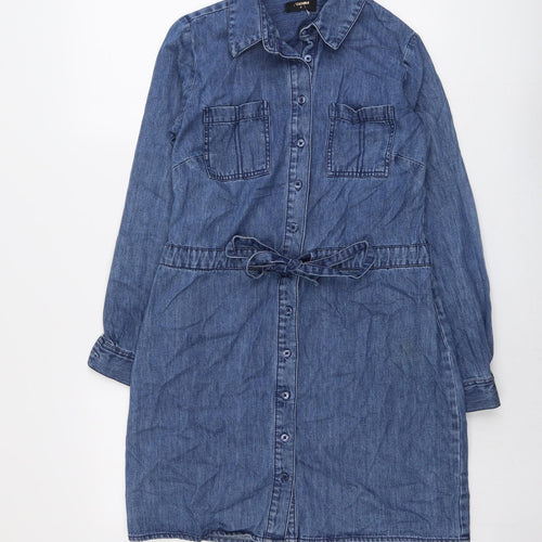 H&M Womens Blue Cotton Shirt Dress Size 8 Collared Button