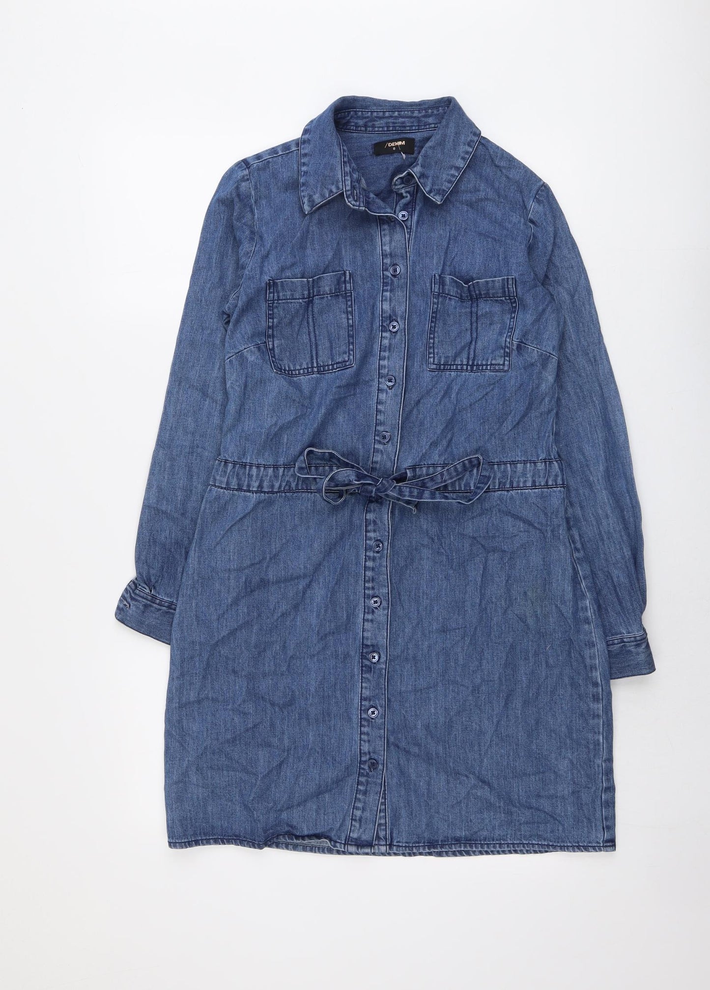 H&M Womens Blue Cotton Shirt Dress Size 8 Collared Button