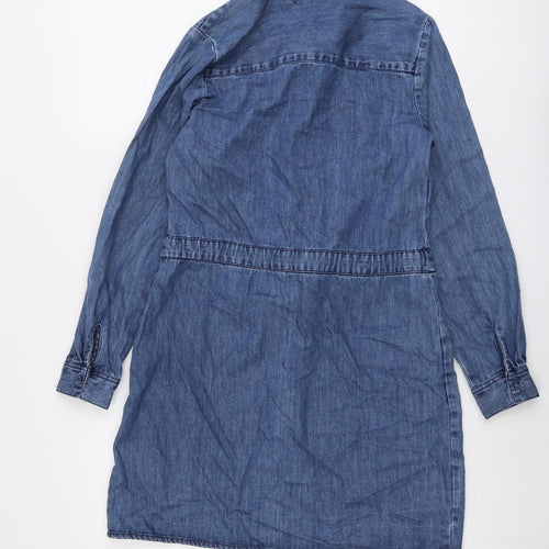 H&M Womens Blue Cotton Shirt Dress Size 8 Collared Button