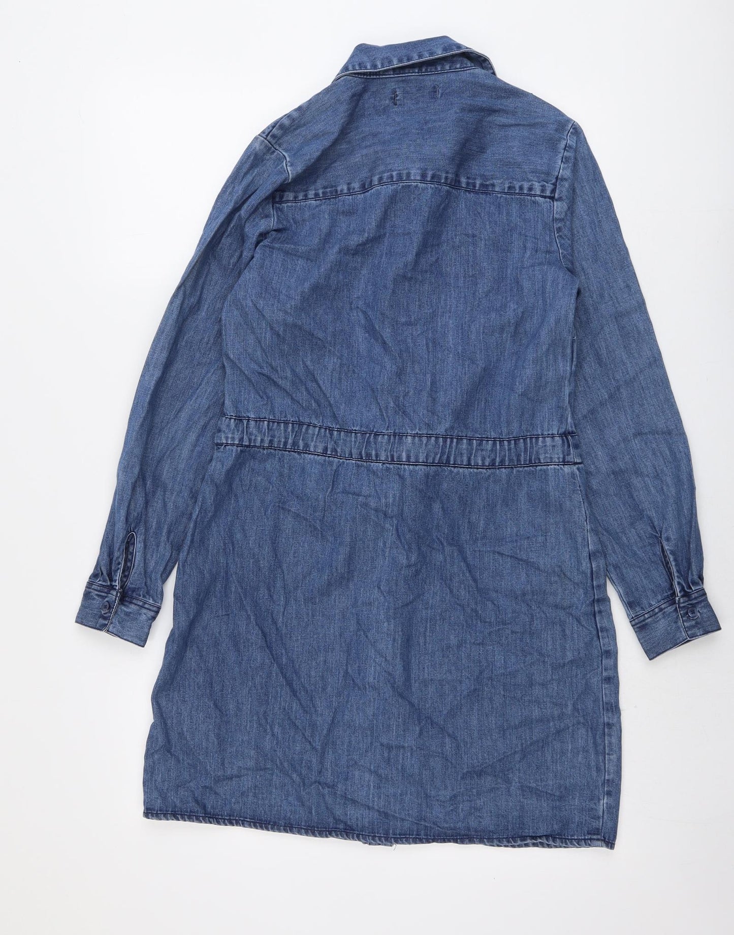 H&M Womens Blue Cotton Shirt Dress Size 8 Collared Button