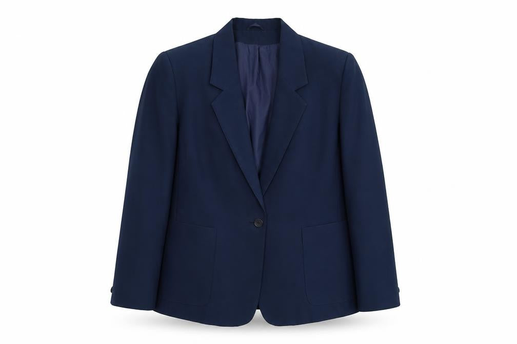 Front view of Classics women’s blue polyester jacket suit jacket, size UK 16