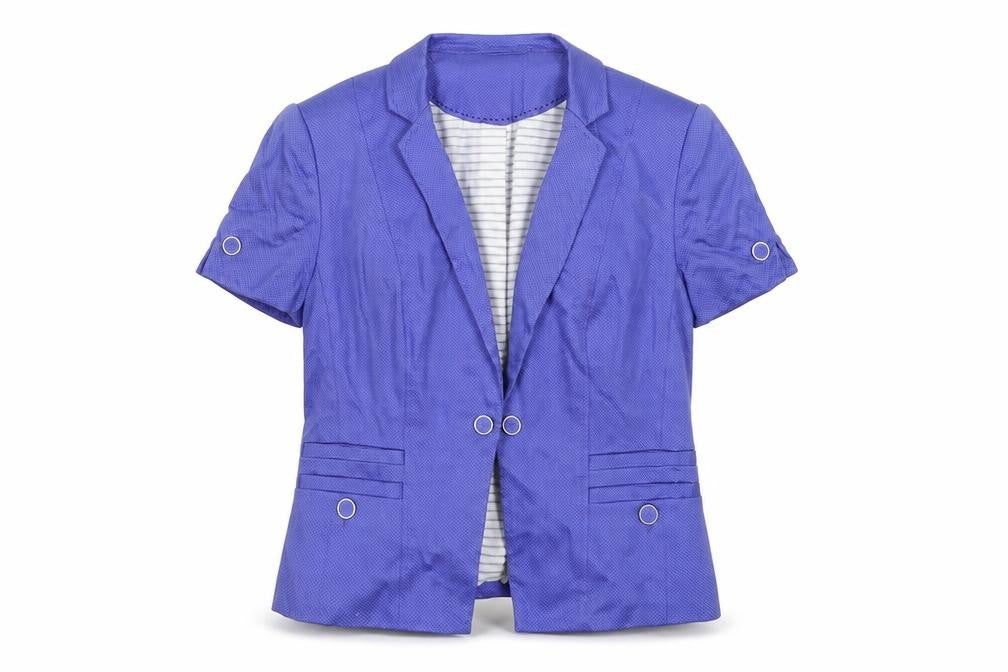 Front view of Marks & Spencer women’s purple jacket blazer, size UK 12, hook & loop
