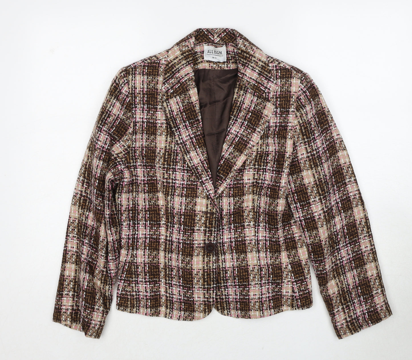 Allison Womens Brown Plaid Jacket Blazer Size 12 Button