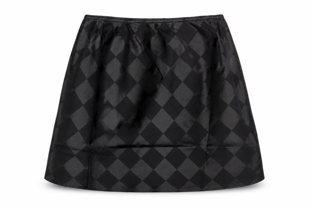 Front view of Lola May women’s black argyle/diamond polyester a-line skirt, size UK 8