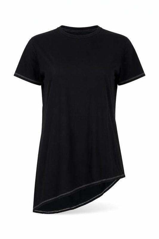 Front view of ASOS women’s black cotton basic t-shirt, size S, round neck - asymmetric