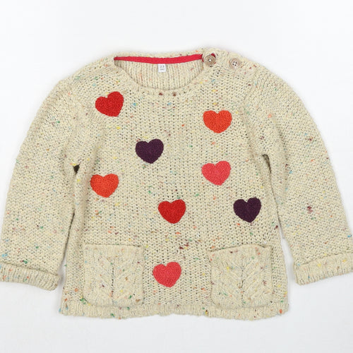 Marks and Spencer Girls Beige Round Neck Acrylic Pullover Jumper Size 3-4 Years Pullover - Heart