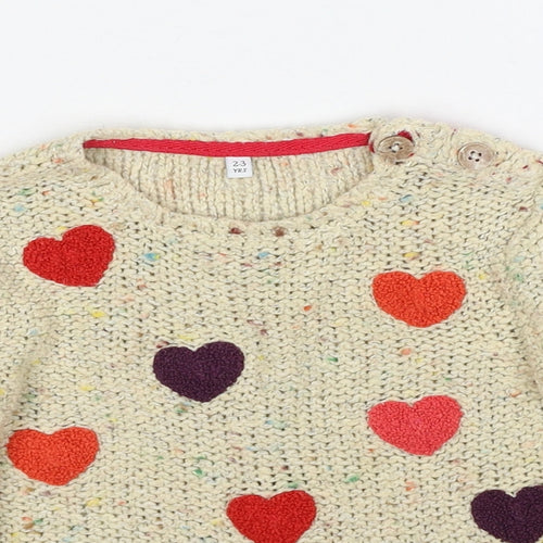 Marks and Spencer Girls Beige Round Neck Acrylic Pullover Jumper Size 3-4 Years Pullover - Heart