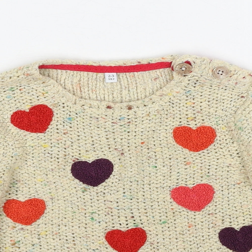 Marks and Spencer Girls Beige Round Neck Acrylic Pullover Jumper Size 3-4 Years Pullover - Heart