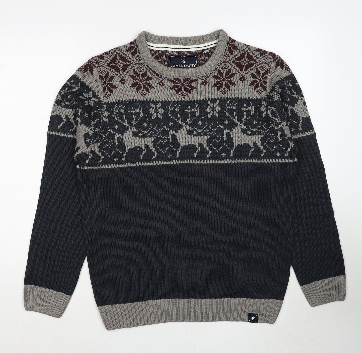 James Darby Mens Multicoloured Round Neck Fair Isle Acrylic Pullover Jumper Size M Long Sleeve - Reindeer Christmas