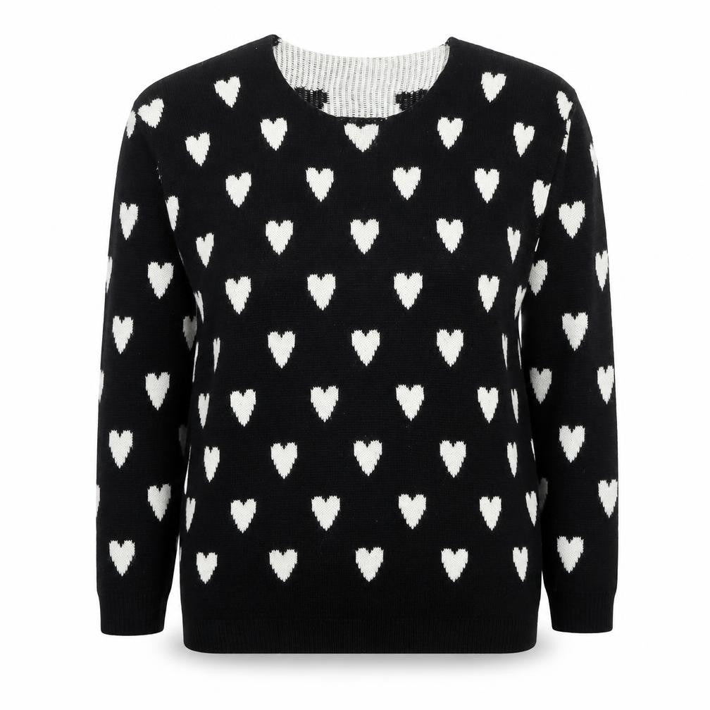 Front view of Quiz women’s black round neck geometric acrylic jumper, size S, - heart pattern